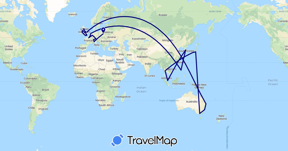 TravelMap itinerary: driving in Australia, Belgium, Switzerland, Germany, France, United Kingdom, Ireland, Italy, Japan, South Korea, Netherlands, Philippines, Poland, Singapore, Thailand (Asia, Europe, Oceania)